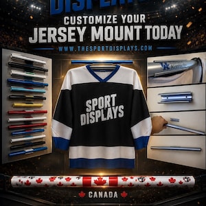 May include: A promotional image for Sport Displays, showcasing jersey mounting options. The image features a black and white jersey with "Sport Displays" text, mounting hardware, and the text "Customize Your Jersey Mount Today."
