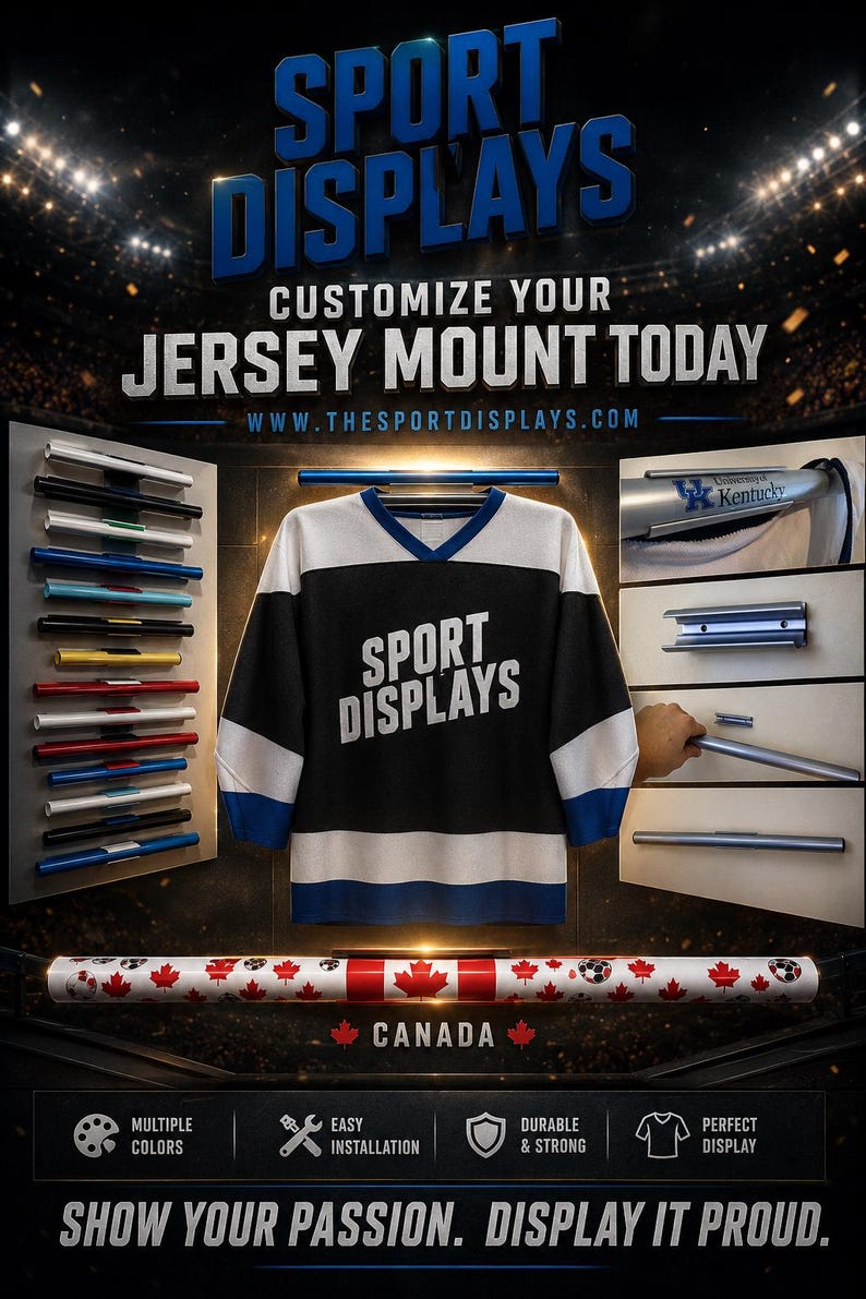 May include: A promotional image for Sport Displays, showcasing jersey mounting options. The image features a black and white jersey with "Sport Displays" text, mounting hardware, and the text "Customize Your Jersey Mount Today."