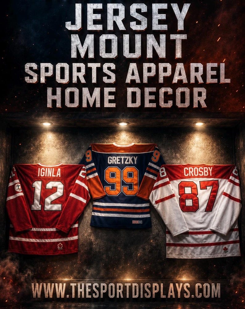 May include: Image featuring three hockey jerseys: Iginla #12 in red, Gretzky #99 in blue and orange, and Crosby #87 in white and red. Text at the top reads "JERSEY MOUNT SPORTS APPAREL HOME DECOR". The website address is www.thesportdisplays.com.