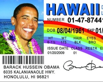 Barack Obama Drivers License on a Laminated ID Card 3.4”x 2.2”.   A Gift For Him Or Her.