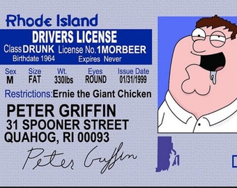 Peter Griffin,Family Guy License on a Laminated ID Card 3.4 inches by 2.2 inches.A Gag Gift For Him Or Her.A Great Stocking Stuffer.