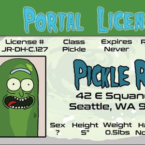 Patente di guida Pickle Rick Prop su una carta d'identità laminata 3,4 x 2,2 pollici. Questo documento d'identità parodia è un ottimo regalo.