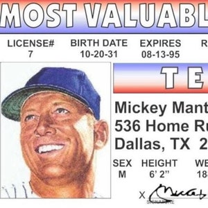 Permis de conduire Mickey Mantle Prop sur une carte d'identité plastifiée de 3,4 po. x 2,2 po. Cette pièce d'identité parodique est un excellent cadeau pour tout fan des Yankees.