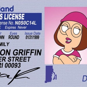 Meg Griffin, licence de famille sur carte d'identité plastifiée 3,4 pouces par 2,2 pouces. Un cadeau pour lui ou elle.