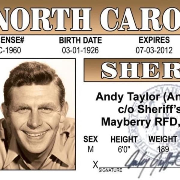 Andy Griffith,Sheriff Taylor Parody Prop Drivers License on a Laminated ID Card 3.4”x2.2”.A Gift For Any Andy Griffith Show Fan.