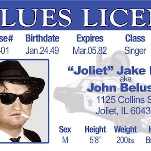 Jake de The Blues Brothers Fame en una tarjeta de identificación laminada de 3,4 x 2,2 pulgadas. Un regalo de broma para él o ella.