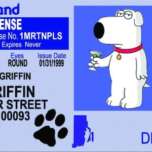Brian Griffin, patente dei Griffin su carta d'identità plastificata da 3,4 pollici per 2,2 pollici. Un regalo divertente per lui o per lei. Un ottimo regalo di Natale.
