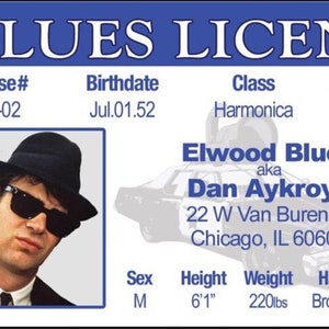 Elwood de The Blues Brothers Fame en una tarjeta de identificación laminada de 3,4 x 2,2 pulgadas. Un regalo de broma para él o ella.