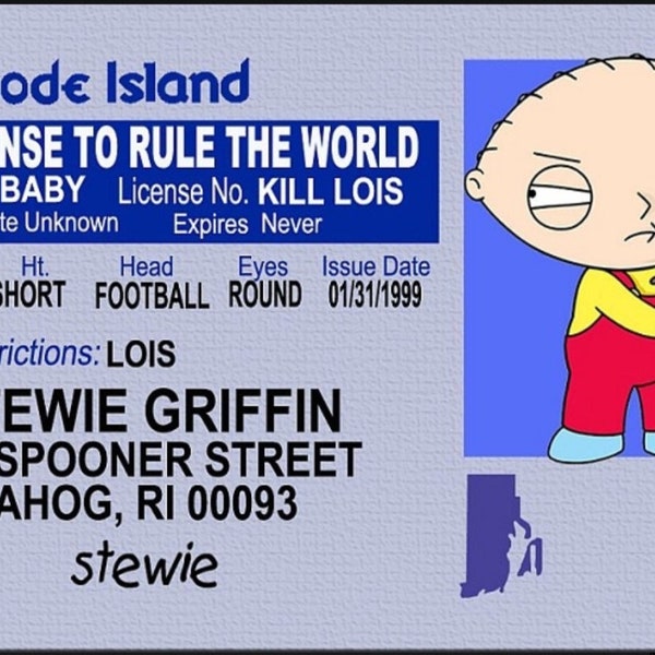 Stewie Griffin,Family Guy License on a Laminated ID Card 3.4 inches by 2.2 inches.A Gag Gift For Him Or Her.A Great Stocking Stuffer.