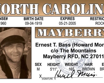 Ernest T. Bass of The Andy Griffith Show Drivers License.All on a Laminated ID Card 3.4” x 2.2”A Gift For Him or Her.