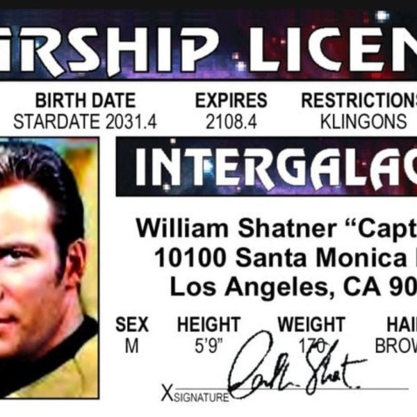 Captain Kirk Starship Parody License on a Laminated ID Card 3.4 inches by 2.2 inches.An ID Gift For Him Or Her.