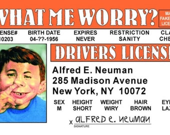 Alfred E. Neumann of Mad Magazine Parody License on a Laminated ID Card 3.4 inches by 2.2 inches.An ID Gift For Him Or Her.