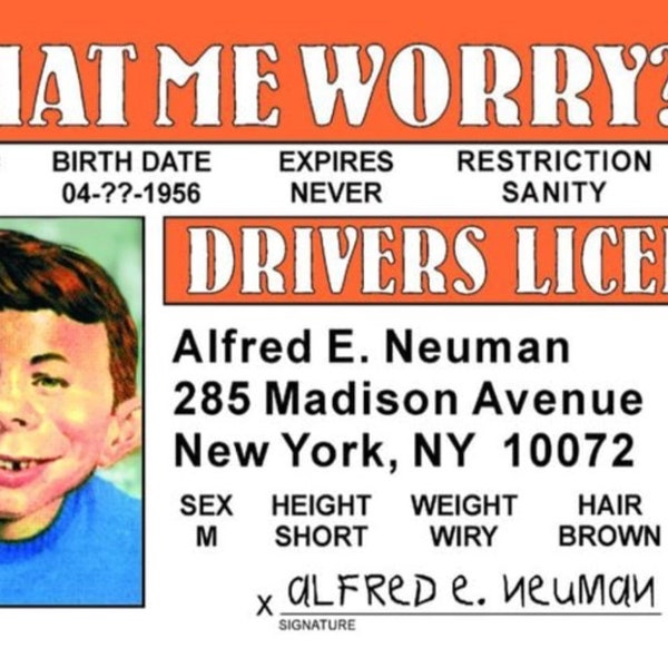 Alfred E. Neumann of Mad Magazine Parody License on a Laminated ID Card 3.4 inches by 2.2 inches.An ID Gift For Him Or Her.