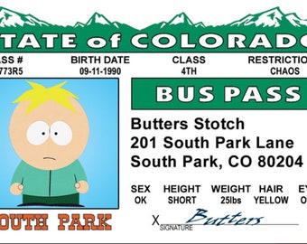 Butters Stotch of  South Park License on a Laminated ID Card 3.4 inches by 2.2 inches.A Gag Gift For Him Or Her.