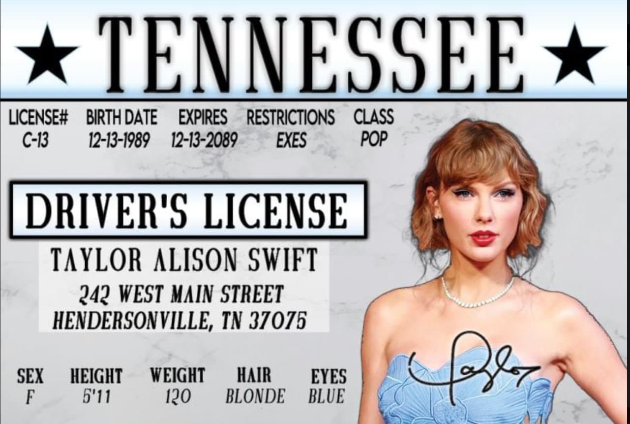 Taylor Swift Celebrity Prop Drivers License on a Laminated