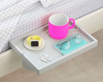 BedShelfie - Bedside Shelf / Floating Nightstand / Small Bedside Table / for Small Bedrooms, Loft Beds, Bunk Beds, Dorms (Light Grey Bamboo)