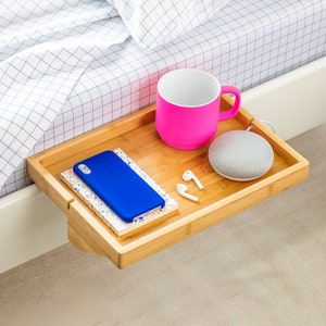 BedShelfie Wooden Bedside Shelf Floating Nighstand for Dorm Rooms, Bunk Beds, and Small Apartments. Eco-Friendly crafted in Bamboo Space-saving bed shelf minimalist and aesthetic for small spaces.