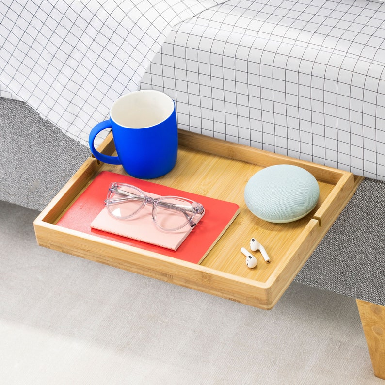 BedShelfie Wooden Bedside Shelf Floating Nighstand for Dorm Rooms, Bunk Beds, and Small Apartments. Eco-Friendly crafted in Bamboo Space-saving bed shelf minimalist and aesthetic for small spaces.