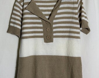 Vintage weiß Hirsch braun creme gestreift Strick Polo Pullover Neutral Cottagecore Top Medium