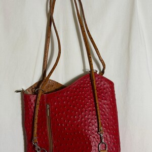 Vintage i Malaspina Italy Convertible Backpack Red Ostrich Embossed Shoulder Bag Butterfly Purse