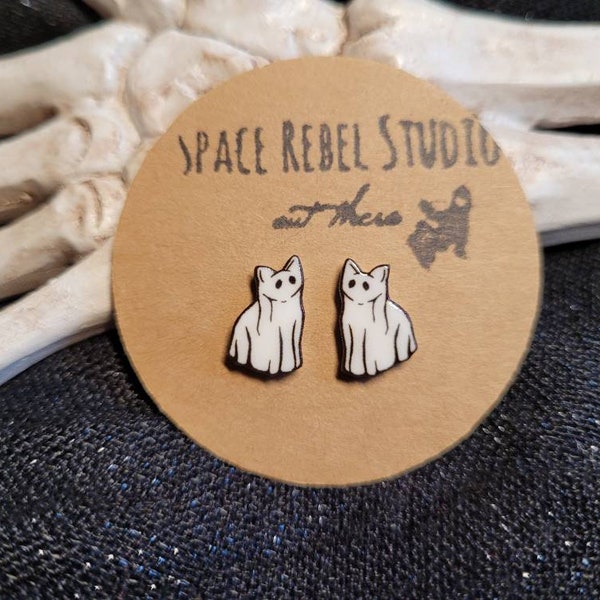 Ghost Cat Earring Studs ~ Halloween ~ Cat Lover Gift ~ Cute ~ Kitty