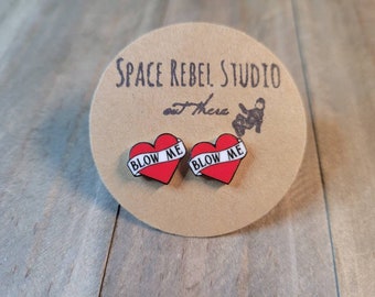 Rockabilly Herz Ohrstecker: Tattoo Style, Edelstahl Beiträge, Reifen, Blow Me
