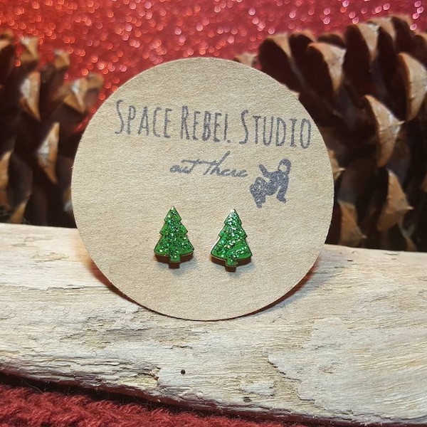 Glittery Christmas Tree Stud Earrings ~ Green Glitter ~ Holographic Shimmer ~ Glitzy ~ Sparkly ~ Sparkle ~ Pine ~ Festive Holiday