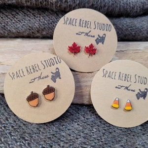 Fall Autumn Leaf Acorn Candy Corn Stud Earrings Jewelry Set ~ Maple Leaves Tiny Cute Vibes Mood Halloween Little Dainty Favorites Gift