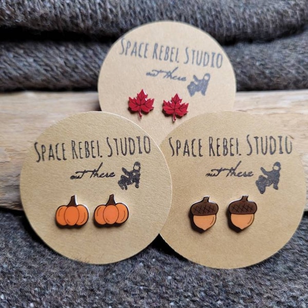 Fall Autumn Leaf Acorn Pumpkin Stud Earrings Jewelry Set ~ Maple Leaves ~ Thanksgiving Tiny Cute Mood Halloween Little Dainty Favorites Gift