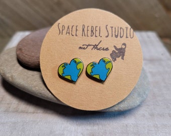 Earth Heart Stud Earrings, Stainless Steel Posts