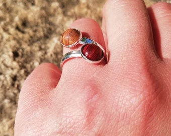Silver and wood ring - double setting; artisanal creation; handmade; wood jewel