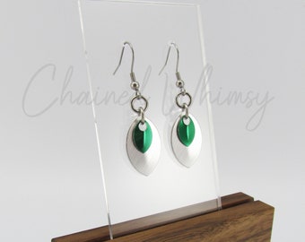 Silver and Green Scale Earrings; Layered Earrings