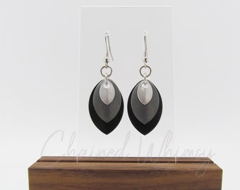 Black Graphite and Silver Scale Earrings; Ombre Earrings; Layered Earrings
