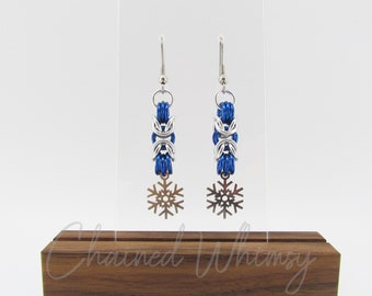 Silver and Blue Snowflake Earrings; Christmas Earrings