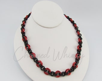 Black and Red Love Knot Chainmaille Necklace; Red and Black Chainmail Necklace