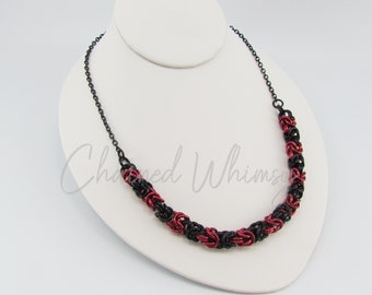 Black and Red Byzantine Chainmaille Necklace; Red and Black Chainmail Necklace