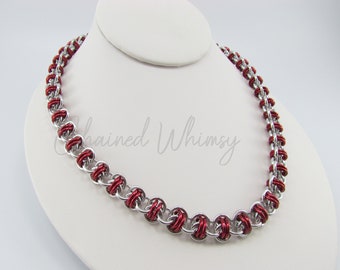 Chainmaille Necklace; Red & Silver Necklace; Chainmail Necklace