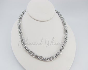 Silver Byzantine and Love Knot Chainmaille Necklace; Silver Chainmail Necklace