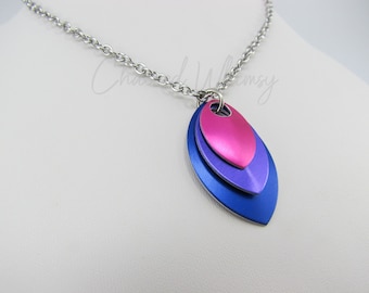 Bisexual Scale Pendant Necklace – Bi Pride Necklace; Pride Necklace; Chainmaille Necklace