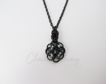 Helm Flower Necklace – Black & Seafoam; Chainmaille Necklace