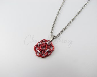 Helm Flower Necklace – Red & Silver; Chainmaille Necklace
