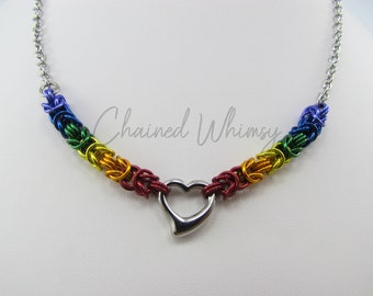 Linked Hearts Necklace – Pride Rainbow; Chainmaille Necklace; Gay Pride