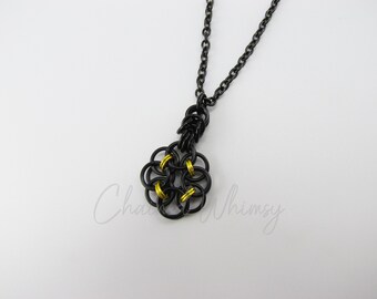 Helm Flower Necklace – Black & Yellow; Chainmaille Necklace