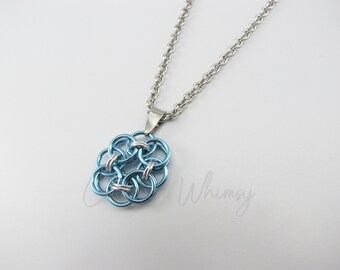 Helm Flower Necklace – Sky Blue & Silver; Chainmaille Necklace