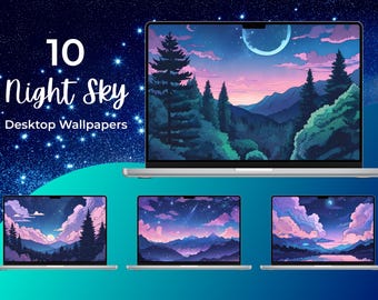 May include: Ten night sky desktop wallpapers displayed on laptop screens. The wallpapers feature a variety of night sky scenes, including a starry sky, a moonlit forest, and a cloudy sky with a mountain range in the distance.