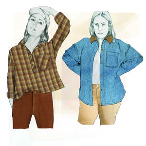 Op de afbeelding: Illustratie van twee outfits. Eén heeft een bruin en groen geruit overhemd met een bruine broek en een pet. De andere outfit bevat een blauw spijkeroverhemd met een beige korte broek. Beide outfits zijn casual en stijlvol.
