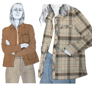 May include: Two women's shirts, one brown and one plaid. The brown shirt has a pocket on the left side. The plaid shirt has a large pocket on the right side.