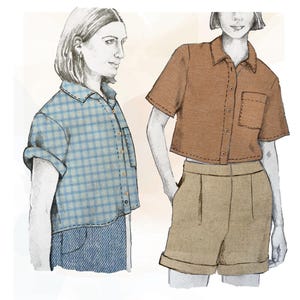 Może przedstawiać: Dwie kobiety w skróconych koszulach zapinanych na guziki. Koszula po lewej stronie jest w niebiesko-białą kratę, koszula po prawej stronie jest brązowa. Obie kobiety noszą krótkie spodenki.