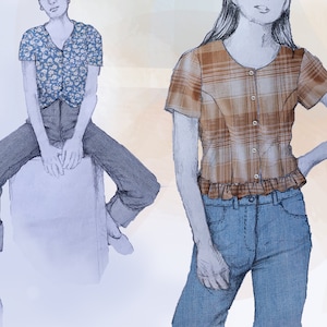 May include: Two illustrations of people wearing different tops. The person on the left is wearing a blue and white floral print short-sleeved top. The person on the right is wearing a brown and white plaid short-sleeved top with a ruffle trim.