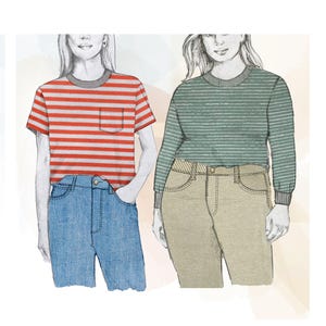 May include: Illustration of two people wearing casual outfits. One wears a red and white striped t-shirt with a pocket and blue jeans. The other wears a green and white striped long-sleeve shirt and tan jeans.